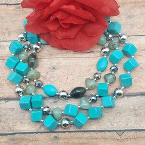 Silver Tone Faux Turquoise Statement Necklace Multi Strand Beaded Collar 21"
